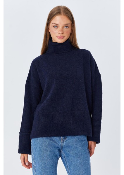 6828 Kadın Double Kol Balıkçı Triko Kazak Lacivert