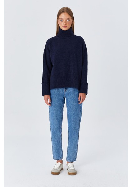 6828 Kadın Double Kol Balıkçı Triko Kazak Lacivert modelleri