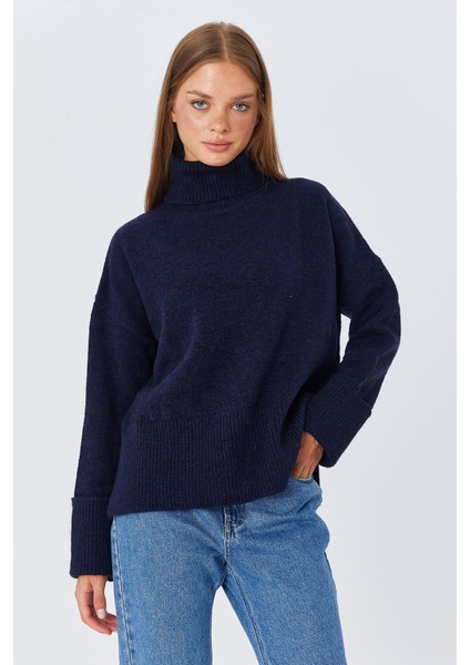 6828 Kadın Double Kol Balıkçı Triko Kazak Lacivert indirimleri