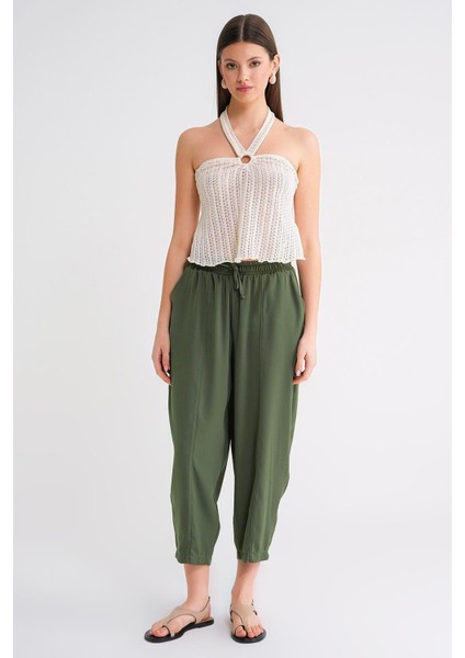 4307 Kadın Beli Lastikli Parçalı Şalvar Pantolon Haki