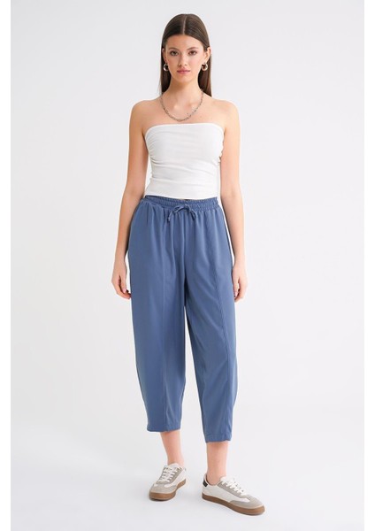 4307 Kadın Beli Lastikli Parçalı Şalvar Pantolon Indigo