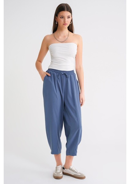 4307 Kadın Beli Lastikli Parçalı Şalvar Pantolon Indigo fiyatları