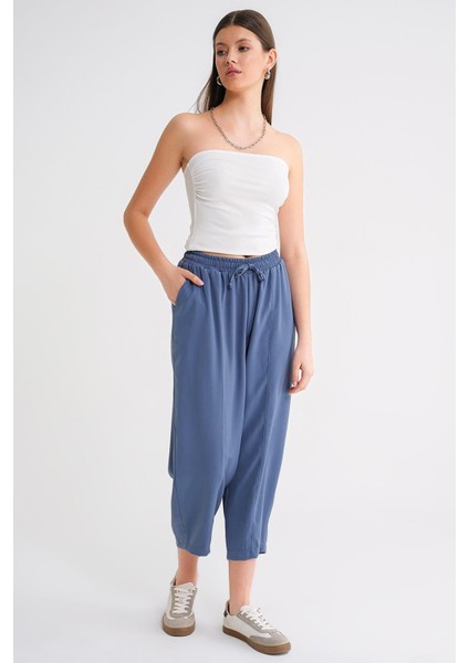 4307 Kadın Beli Lastikli Parçalı Şalvar Pantolon Indigo modelleri