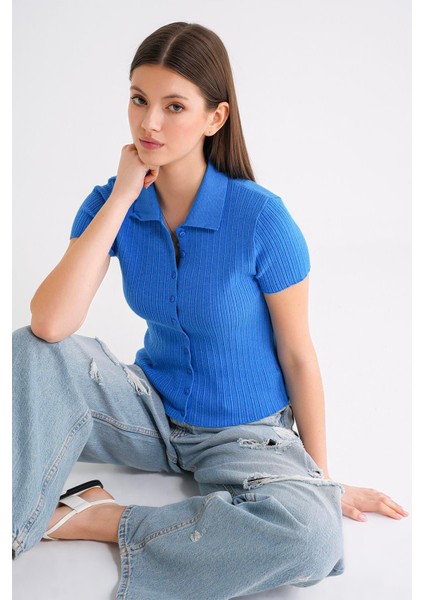 6932 Kadın Düğmeli Fitilli Polo Yaka Triko Hırka Mavi