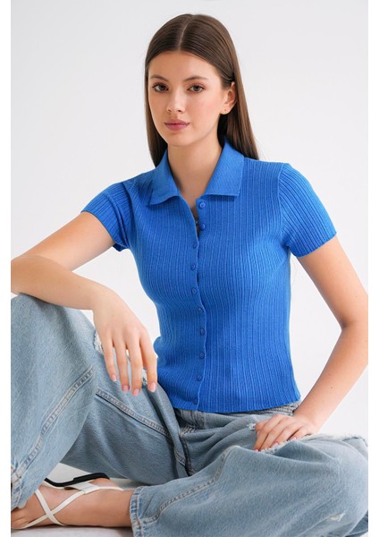 6932 Kadın Düğmeli Fitilli Polo Yaka Triko Hırka Mavi fırsatları
