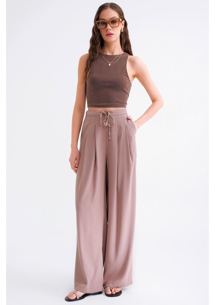 4681 Kadın Bağlamalı Çift Pileli Palazzo Bol Paça Pantolon Süt Kahve fırsatları