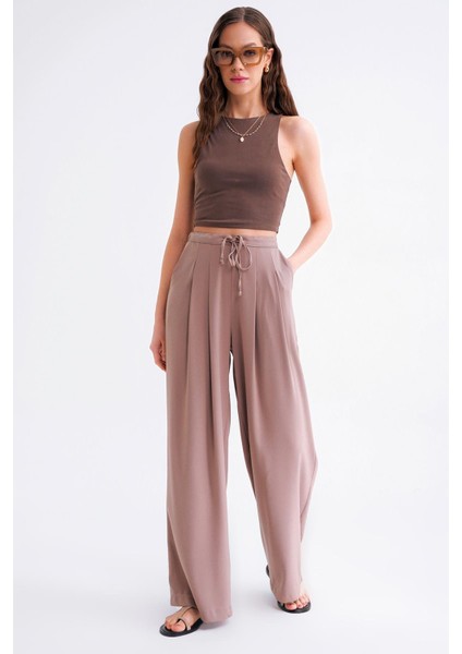 4681 Kadın Bağlamalı Çift Pileli Palazzo Bol Paça Pantolon Süt Kahve indirimleri
