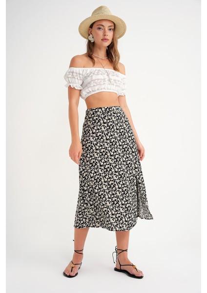 4696 Kadın Yırtmaç Detaylı Çiçek Desenli Midi Dokuma Etek Siyah