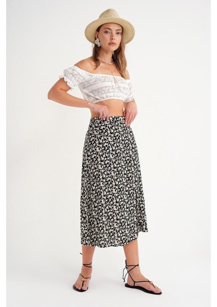 4696 Kadın Yırtmaç Detaylı Çiçek Desenli Midi Dokuma Etek Siyah modelleri