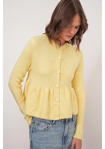 6958 Kadın Triko Peplum Hırka Sarı modelleri