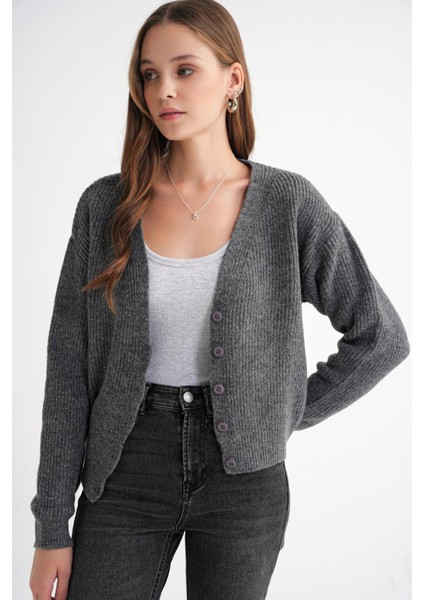 6943 Kadın V Yaka Selanik Hırka Antrasit modelleri