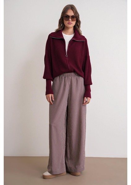 6919 Kadın Fermuarlı Balıkçı Yaka Triko Hırka Bordo fiyatları