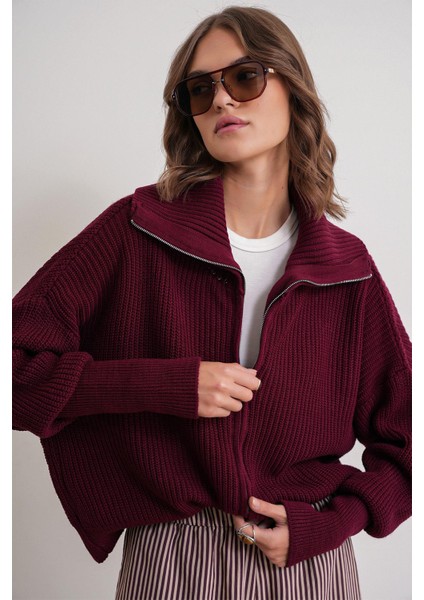 6919 Kadın Fermuarlı Balıkçı Yaka Triko Hırka Bordo modelleri