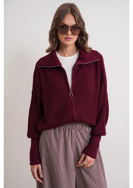 6919 Kadın Fermuarlı Balıkçı Yaka Triko Hırka Bordo fırsatları