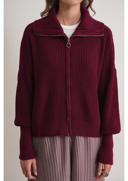 6919 Kadın Fermuarlı Balıkçı Yaka Triko Hırka Bordo indirimleri