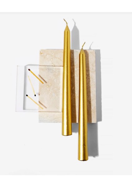 2'li Metalik Gold-Şamdan Mum- Konik Mum