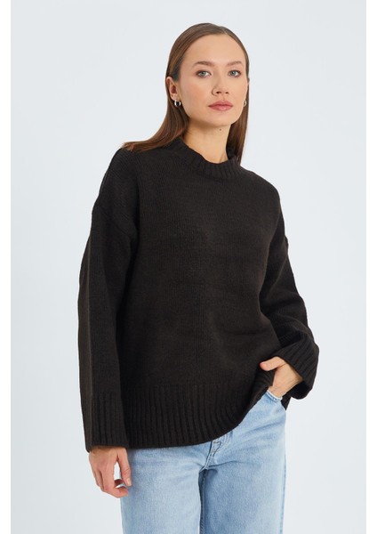 6925 Kadın Geniş Kollu Yumuşak Dokulu Triko Kazak Kahve fiyatları