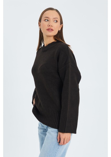 6925 Kadın Geniş Kollu Yumuşak Dokulu Triko Kazak Kahve modelleri