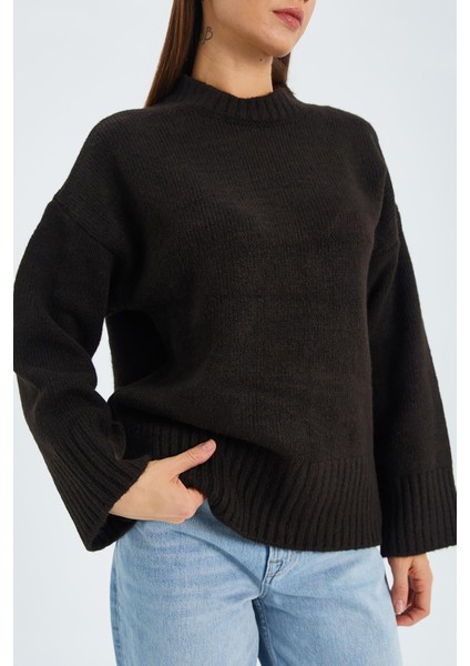 6925 Kadın Geniş Kollu Yumuşak Dokulu Triko Kazak Kahve fırsatları