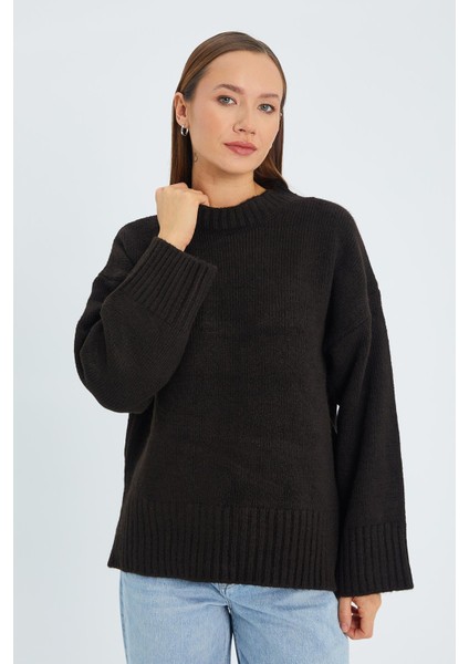 6925 Kadın Geniş Kollu Yumuşak Dokulu Triko Kazak Kahve indirimleri