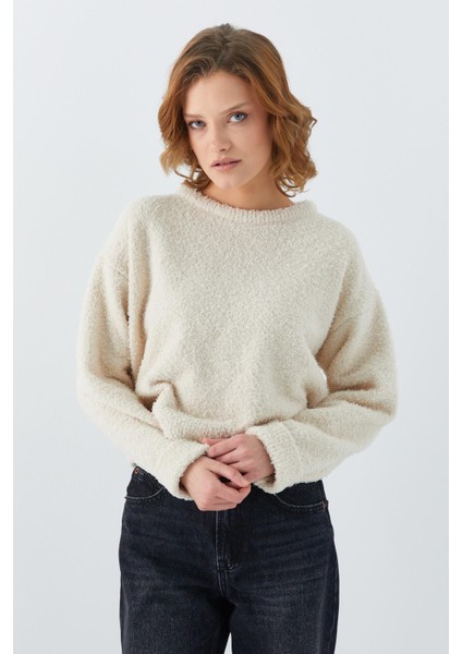 6917 Kadın Buklet Basic Triko Kazak Naturel