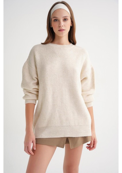 6949 Kadın Bisiklet Yaka Ince Örgülü Triko Kazak Naturel