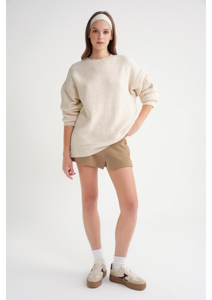 6949 Kadın Bisiklet Yaka Ince Örgülü Triko Kazak Naturel fiyatları