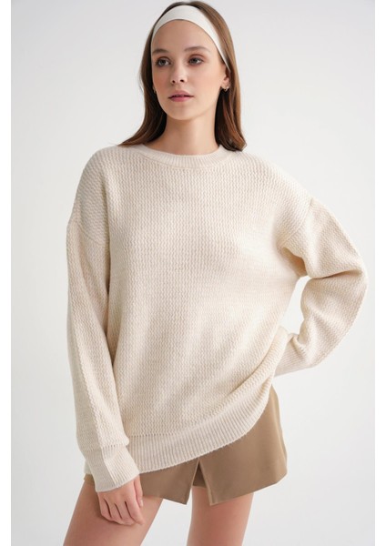 6949 Kadın Bisiklet Yaka Ince Örgülü Triko Kazak Naturel modelleri