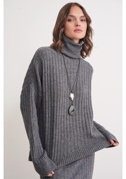 6928 Kadın Fitilli Balıkçı Yaka Triko Kazak Antrasit