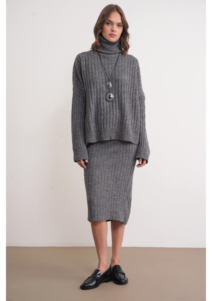 6928 Kadın Fitilli Balıkçı Yaka Triko Kazak Antrasit fiyatları