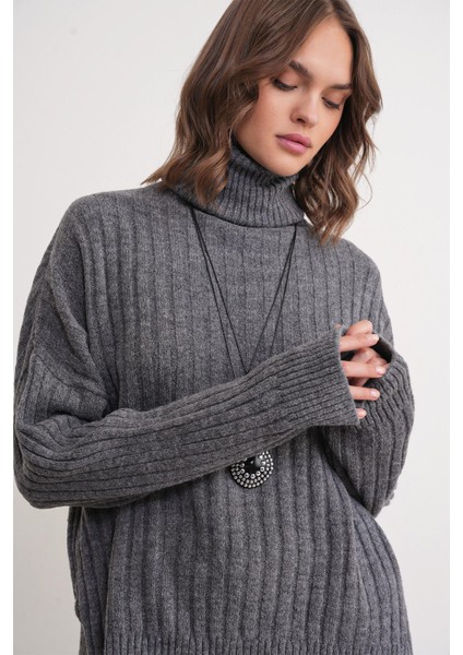 6928 Kadın Fitilli Balıkçı Yaka Triko Kazak Antrasit fırsatları