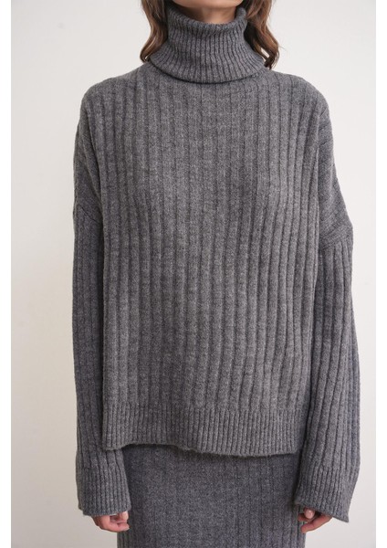 6928 Kadın Fitilli Balıkçı Yaka Triko Kazak Antrasit indirimleri