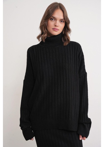 6928 Kadın Fitilli Balıkçı Yaka Triko Kazak Siyah