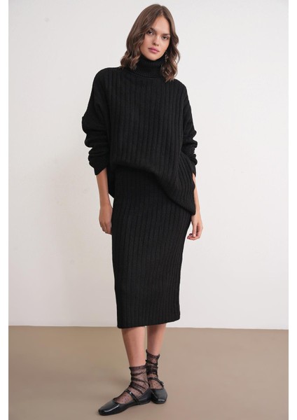 6928 Kadın Fitilli Balıkçı Yaka Triko Kazak Siyah fiyatları