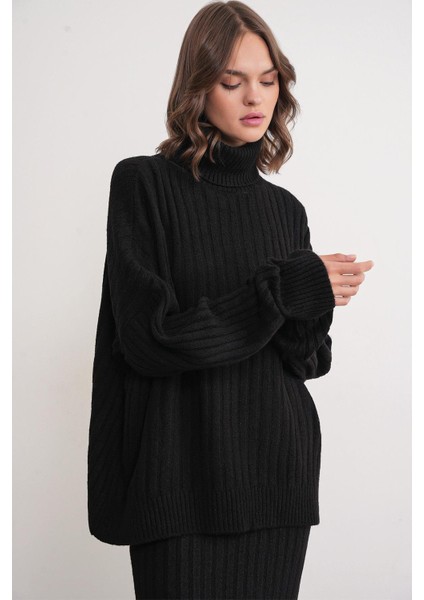 6928 Kadın Fitilli Balıkçı Yaka Triko Kazak Siyah modelleri