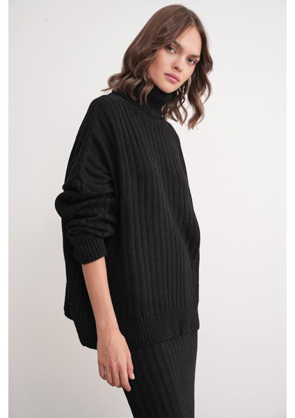 6928 Kadın Fitilli Balıkçı Yaka Triko Kazak Siyah fırsatları