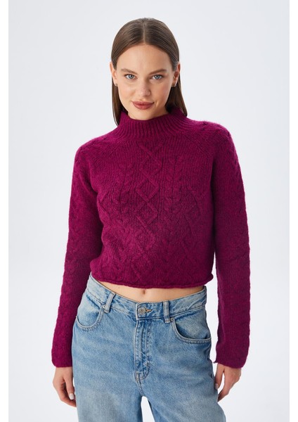 6855 Kadın Dik Yaka Saç Örgülü Triko Kazak Mor