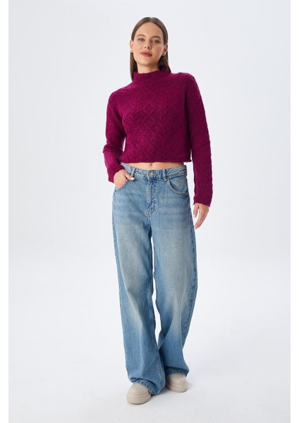 6855 Kadın Dik Yaka Saç Örgülü Triko Kazak Mor fiyatları