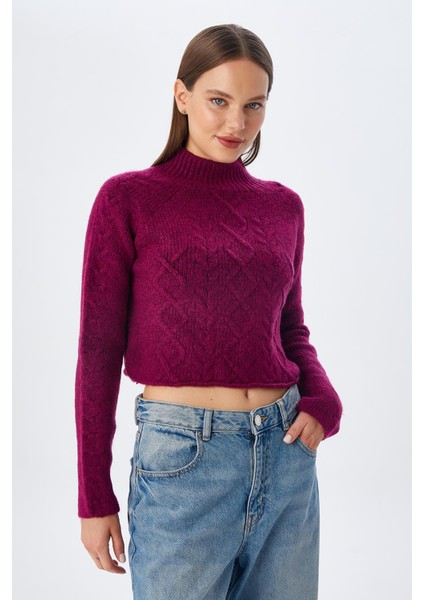 6855 Kadın Dik Yaka Saç Örgülü Triko Kazak Mor modelleri