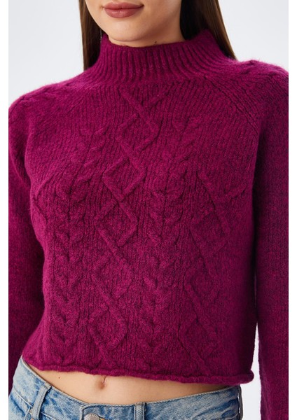 6855 Kadın Dik Yaka Saç Örgülü Triko Kazak Mor fırsatları