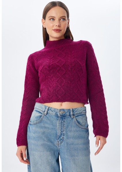 6855 Kadın Dik Yaka Saç Örgülü Triko Kazak Mor indirimleri