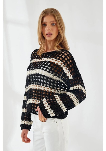 6877 Kadın Çizgili Ajurlu Kayık Yaka Triko Kazak Siyah fiyatları