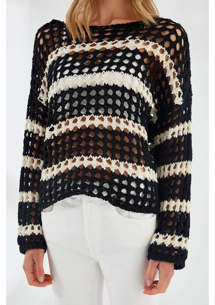 6877 Kadın Çizgili Ajurlu Kayık Yaka Triko Kazak Siyah fırsatları