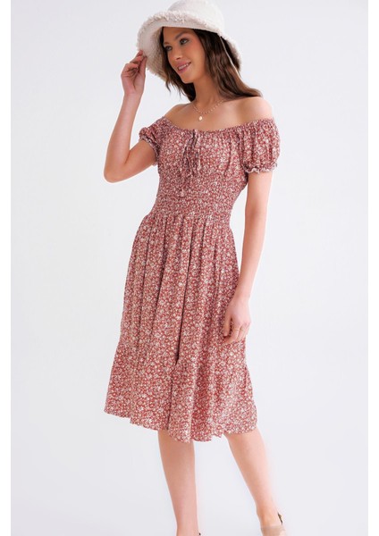 3859 Kadın Gipeli Çiçek Desenli Midi Boy Kloş Elbise Gül fırsatları