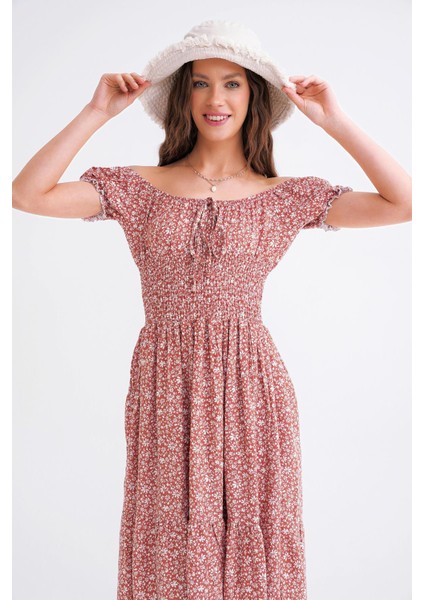 3859 Kadın Gipeli Çiçek Desenli Midi Boy Kloş Elbise Gül indirimleri