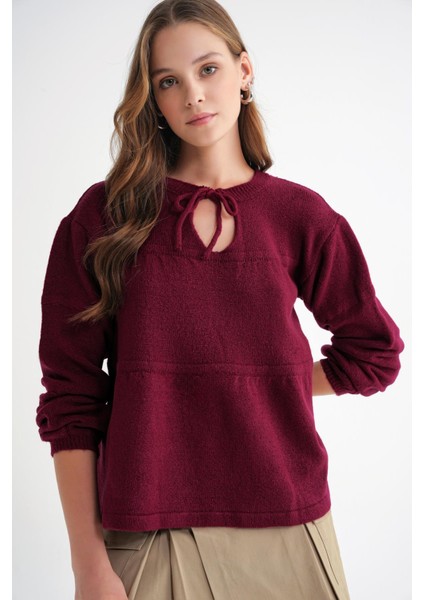 6950 Kadın Yakası Bağcıklı Pileli Triko Kazak Bordo fiyatları