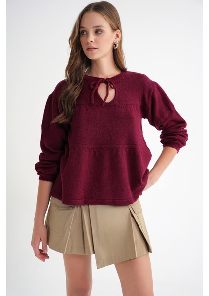 6950 Kadın Yakası Bağcıklı Pileli Triko Kazak Bordo modelleri