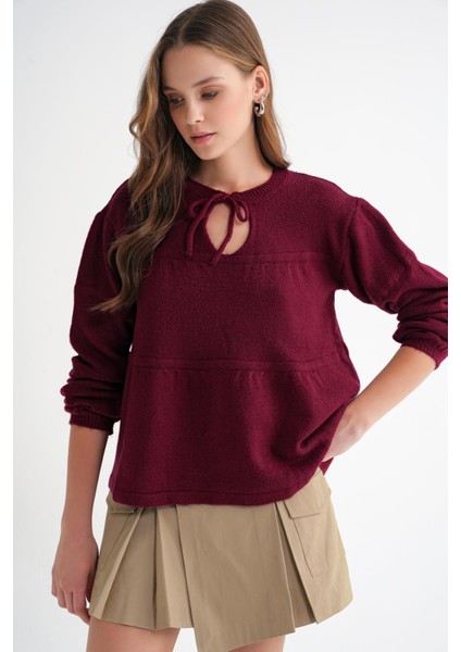 6950 Kadın Yakası Bağcıklı Pileli Triko Kazak Bordo fırsatları