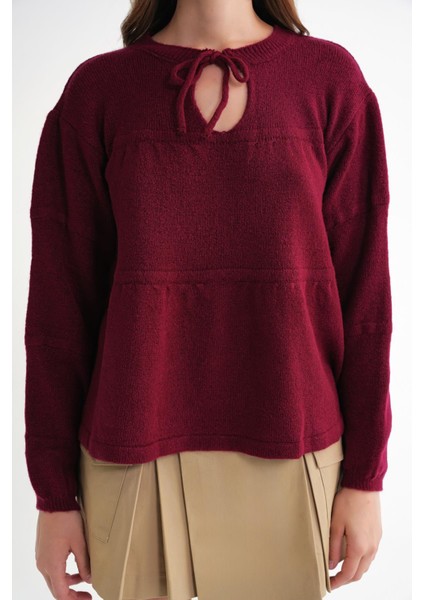 6950 Kadın Yakası Bağcıklı Pileli Triko Kazak Bordo indirimleri