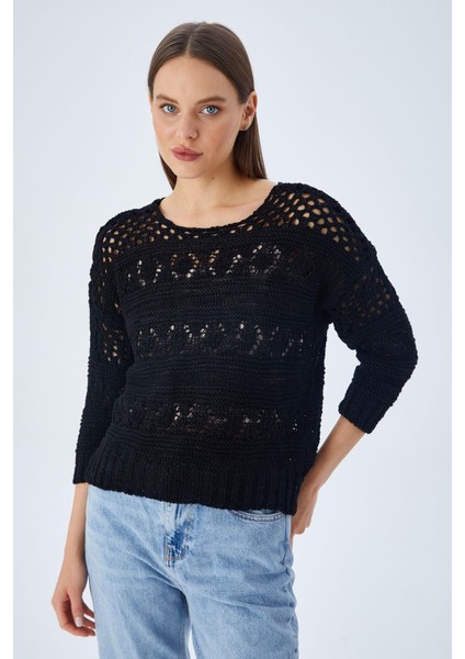 6859 Kadın Kayık Yaka Ajurlu Mevsimlik Triko Kazak Siyah